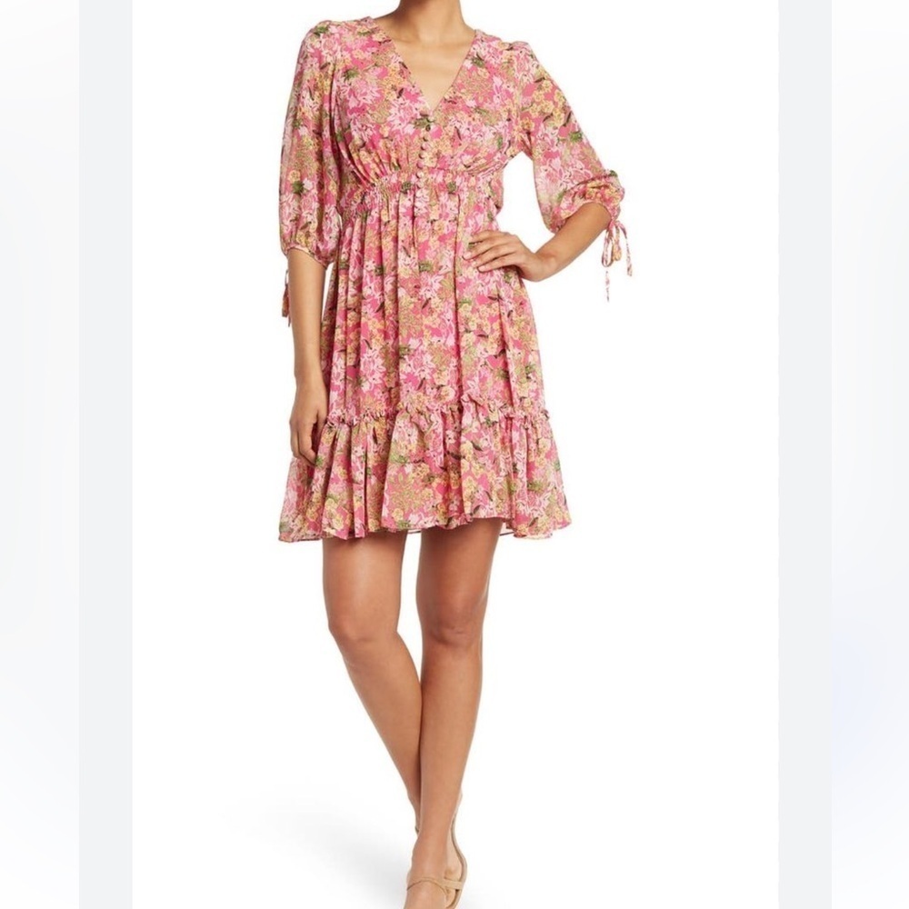 Pink long sleeve, sheer, V neck, peasant sleeve, ruffled, Floral Midi Dress